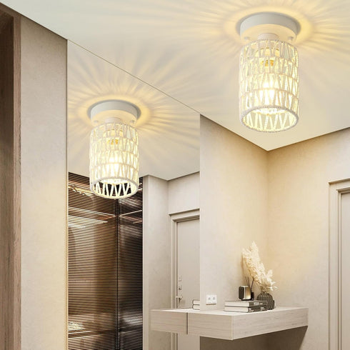 2-Pack Rattan Ceiling Lights Flush Mount, Close to Ceiling Light Fixtures with Rattan Shade, Boho Hand-Woven Farmhouse