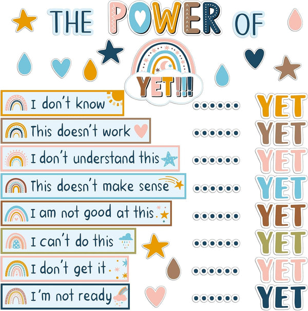 Boho The Power of Yet Classroom Bulletin Board Decoration, Rainbow Motivational Growth Mindset Cutouts for School