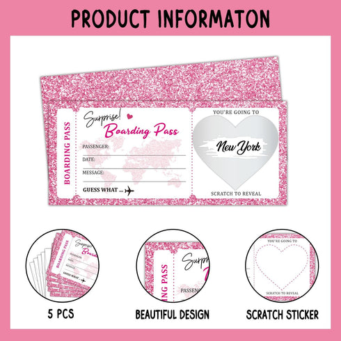5 Set 3.5"x8"Travel Card-002/5 Surprise Trip Reveal Pink Plane Tickets Boarding Pass Ticket with Envelopes, Ticket