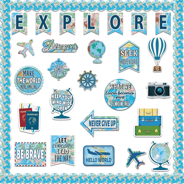 gisgfim Travel the Map Bulletin Board Set - Motivational Sign Cutouts, World Map Adventure Decor for Classroom