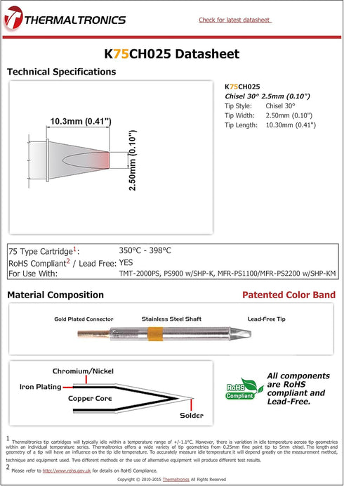 Thermaltronics K75CH025 Chisel, 30deg, 2.5mm (0.10in)