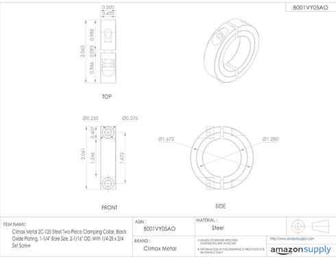 Climax Metal 2C-125 Steel Clamping Collar, Black Oxide Plating, 1-1/4" Bore Size, 2-1/16" OD, 1 Count