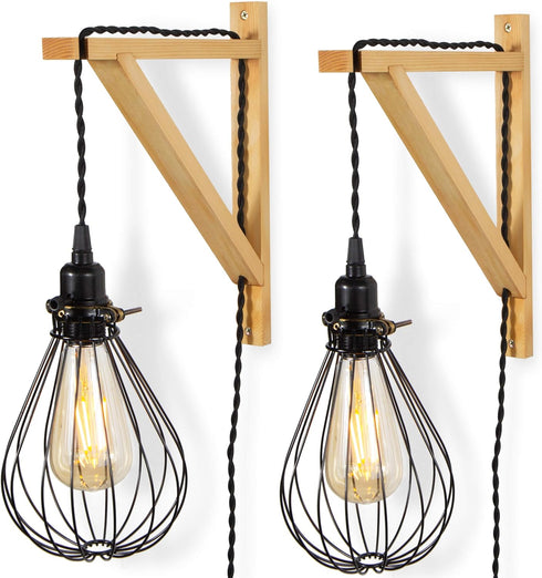Set 2 Rustic State Palma Wall Mount Wood Triangle Sconce Bracket for Plug in Hanging Pendant Light Lamp Cord Kit