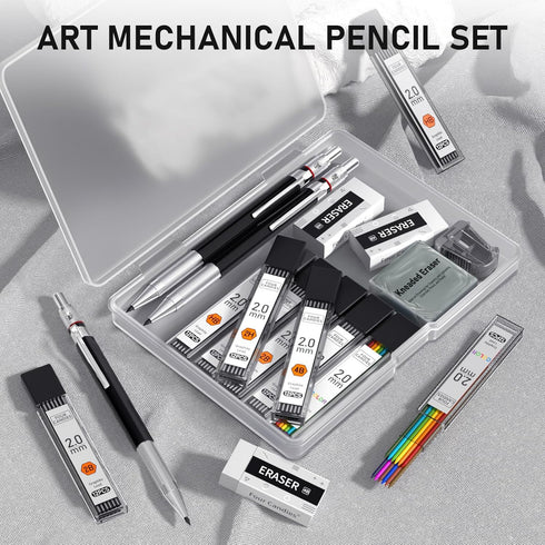 Four Candies 3PCS 2MM Mechanical Pencils with Case, Metal Lead Holder with 120 Graphite Lead Refills, 4 Erasers,