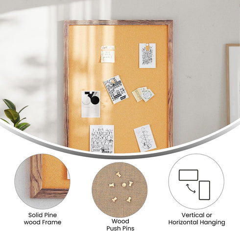 Flash Furniture Rustic Wall Mount Cork Board 24" x 36" for Home Office School with Wood Push Pins