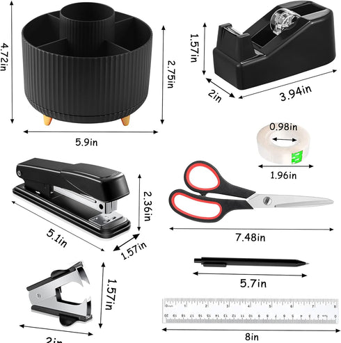 Black Office Supplies Desk Accessories, 360° Pen Holder, Tape Dispenser, Stapler, Staple Remover, 1000 Staples, Ruler,
