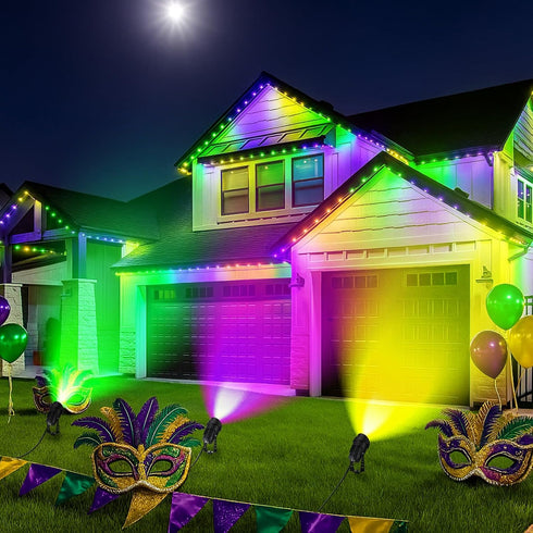 Grinsvalley 3 Pcs Mardi Gras Spotlight Outdoor Decorations Purple Green and Gold Spotlight Plug in Waterproof Spot