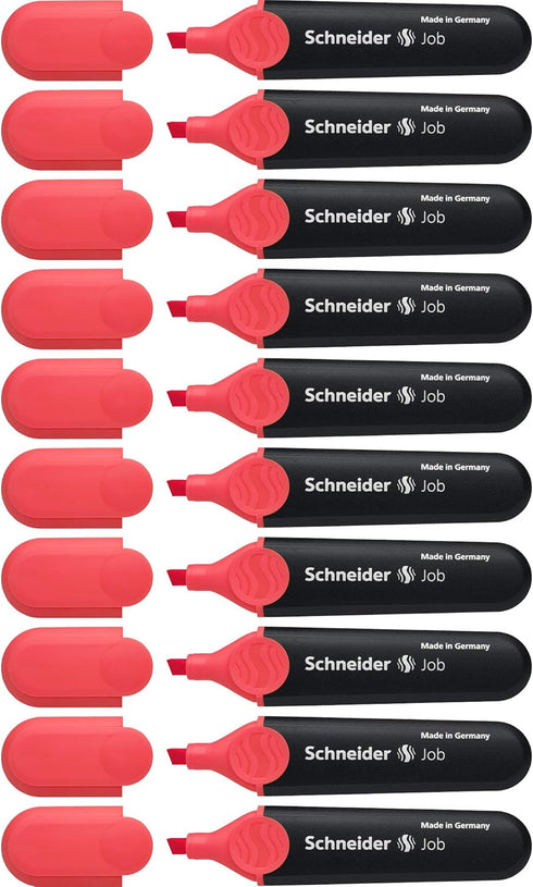Schneider Job Highlighter, Chisel Tip, 1 + 5 mm, Black Barrel, Coral Ink, Box of 10 Highlighters (1502)