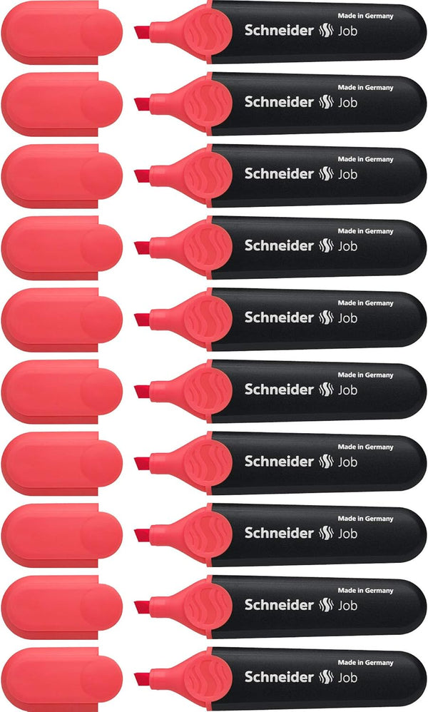 Schneider Job Highlighter, Chisel Tip, 1 + 5 mm, Black Barrel, Coral Ink, Box of 10 Highlighters (1502)