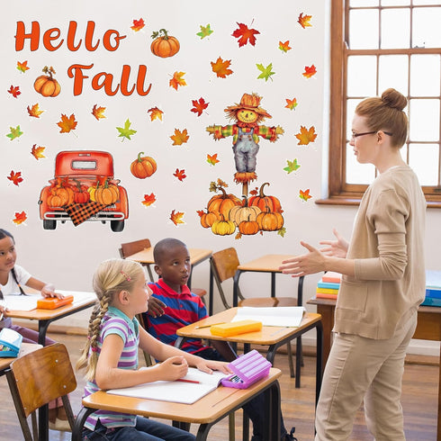 Fall Bulletin Board Decorations with Maple Leaves, Pumpkin, Scarecrow Truck Cutouts and Bulletin Boarder Stickers