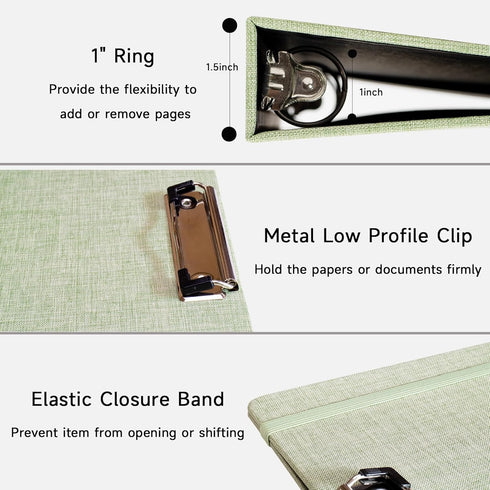Three Ring Binder with Clipboard, 1 Inch Linen Cover for 8.5" x 11" Paper, 2 Interior Pockets for School and Business