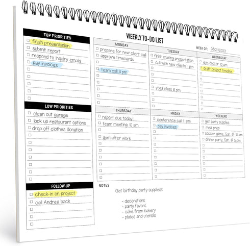 Weekly Planner To Do List Pad - 8.5x11" 52 Sheets Spiral - Desk Notepad with Multiple Sections, Undated Planning