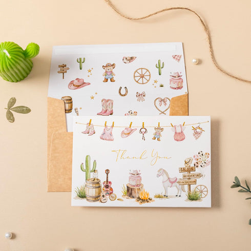 50 Pack Crisky Baby Shower Thank You Cards for Girl with Envelopes, Pink Western Cowgirl Baby Thank You Cards for Baby