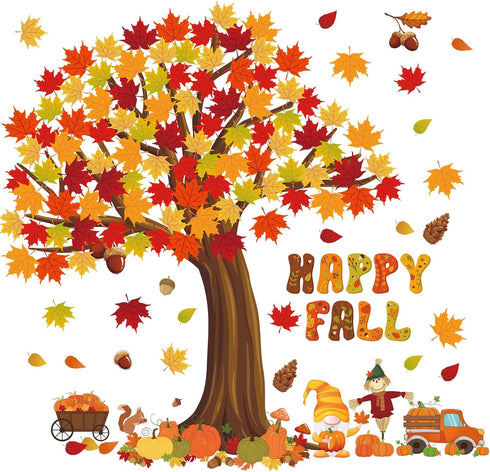 Chivertion 150 Pcs Fall Classroom Tree Bulletin Board Set, Happy Fall Decorations with Maple Leaves and Pumpkins