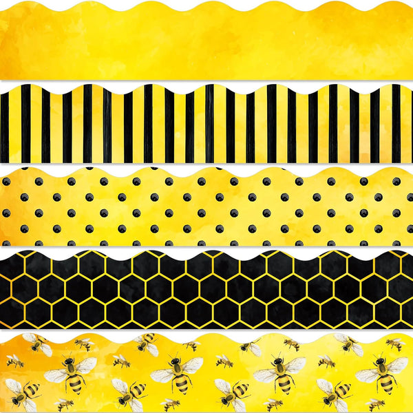 Whaline 69Ft Summer Bulletin Board Borders, Watercolor Bee Honeycomb Spot Stripe Self-Adhesive Trim for Decoration