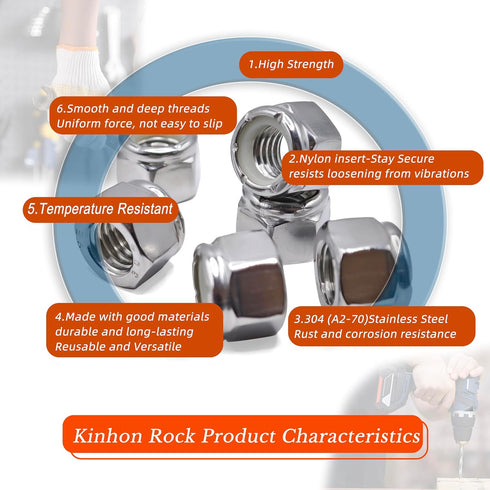 Kinhon Rock #8-32 130pcs 304 Nylon Insert Lock Nuts SAE Stainless Steel Nylon Locknuts Hex Lock Nuts Reusable