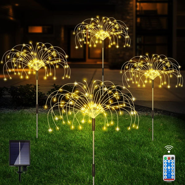 Unihoh Solar Outdoor Warm White Garden Lights, 4 Pack Firework With 120 LED