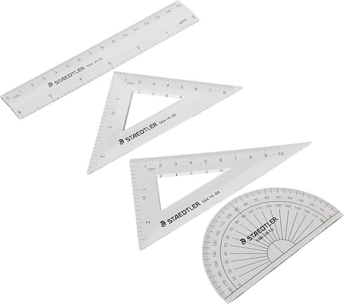 STAEDTLER Math Set - 4 pc Geometry Kit for Students with Clear Protractor, 6in Ruler & 2 Triangles – School Supplies