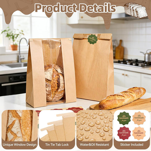 50 Packaging, (50) Funcoo Paper Bread Bags for Homemade Bread, Sourdough Bread Bags Bakery Bags with Window/Tin Tie Tab