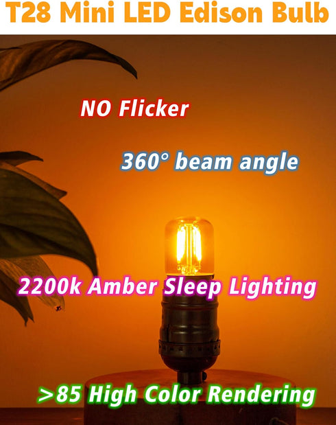 E26 Bulbs, 2w 200lm Bulb (15W 2200k T28 Bulb, E26 Bulbs 4 Pack Amber Night Light Low Watt Sleep Light Equivalent), Warm