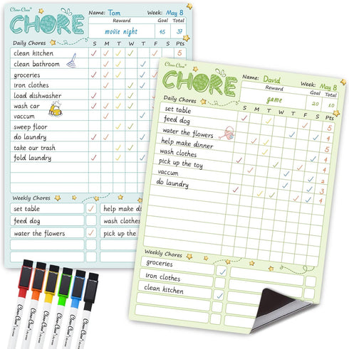 CLEVER CLEAN Magnetic Dry Erase Chore Chart, 8.5"x12" Behavior Responsibility Board for Kids, 6 Extra Fine Point Markers