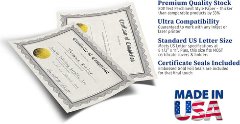 Certificate of Completion Paper, 30 Pack, Embossed Gold Foil Seals, 8.5" x 11"