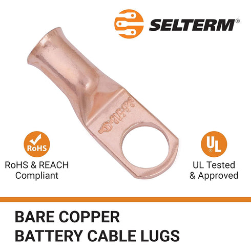 SELTERM 25pcs 6 AWG 5/16" Stud Battery Lugs, Heavy Duty Copper Wire Ring Terminals, UL Bare Copper Connectors