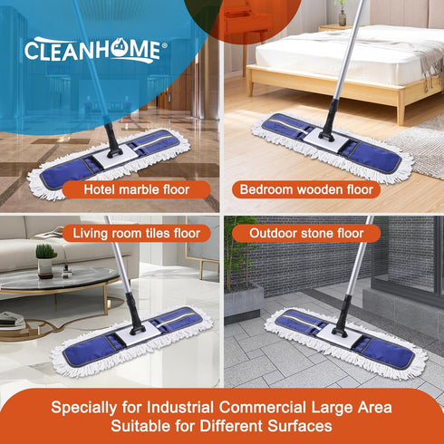 24" Commercial Dust Mop for Floor Cleaning, Heavy Duty Duster Floor Mop with 59” Extendable Long Handle, Blue for