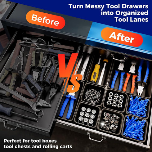 ALIKZO 70 Set, 5 PCS Tool Box Organizer Tray & Desk Drawer Organizer Size Interlocking Bins for Garage Tool Storage