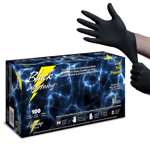 Black Lightning Disposable Exam Gloves, Powder-Free Nitrile, Small, 100-Ct