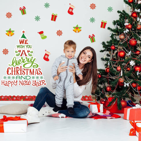 Whaline 105Pcs Christmas Bulletin Board Decoration Kit with Xmas Tree Snowflake Paper Cutouts and Border Stickers