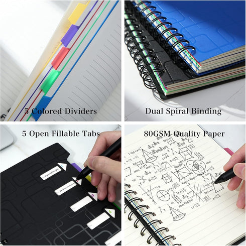 CAGIE 5 Subject Notebook for Work, 240 Pages Spiral Notebooks, College Ruled with Dividers Tabs, A5 Small Note Book