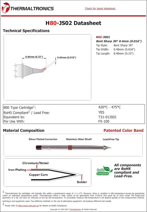 Thermaltronics H80-JS02 Bent Sharp 30deg 0.4mm (0.016in) Interchangeable for Hakko T31-01JS02