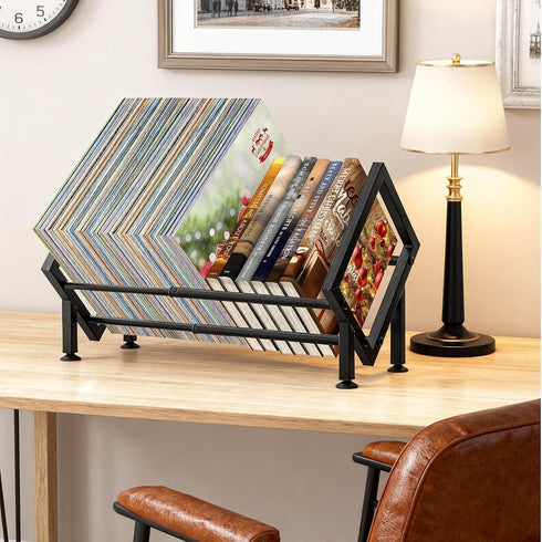 Expandable Desktop Bookshelf Organizer, Metal Office Tabletop Book Storage Rack, Large Tilting Bookcase