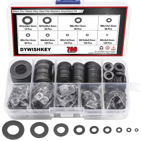 DYWISHKEY 700 Pieces Black Zinc Plated Steel Flat Washers Assortment Kit (9 Sizes M2-M12)
