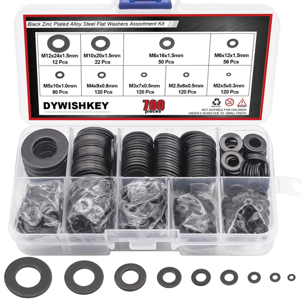 DYWISHKEY 700 Pieces Black Zinc Plated Steel Flat Washers Assortment Kit (9 Sizes M2-M12)