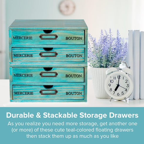 Turquoise 2-Tier Drawer Unit, European Country Style Desk Organizer Box with Label Holder for Countertop