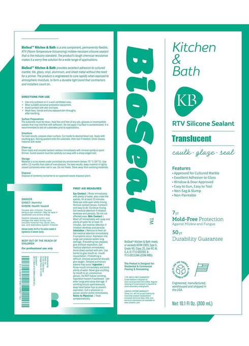 Translucent BioSeal 100% Silicone Sealant, Kitchen and Bath Grade, Waterproof, 10.1 Ounce Cartridge, Clear