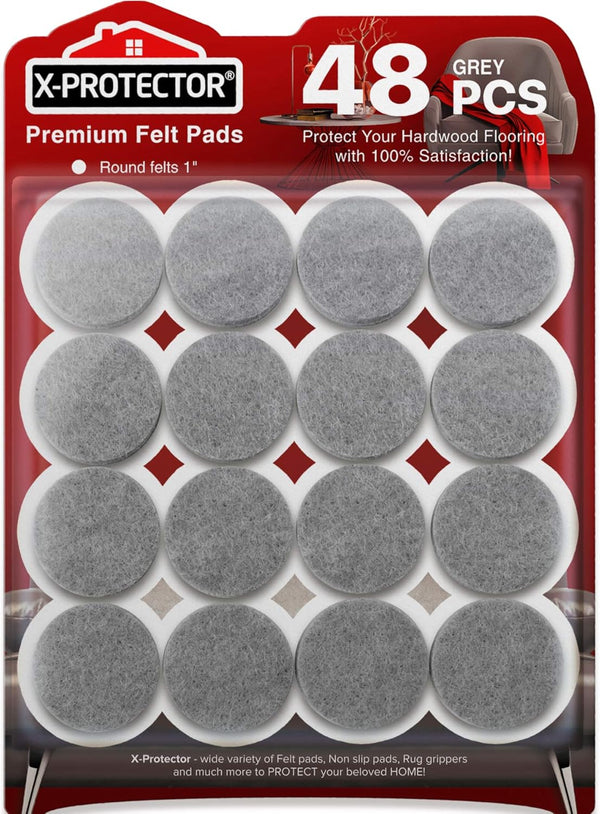 X-PROTECTOR Felt Furniture Pads - 48 Premium Floor Protector Pads for Wood Floors, Grey