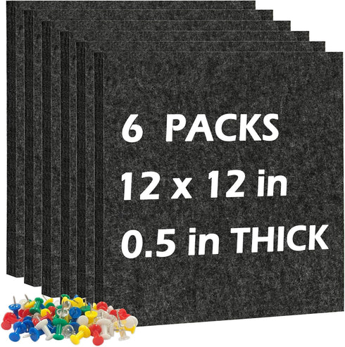 DOLLAR BOSS Felt Cork Board Tiles - 6 Packs 12" x 12" Self Adhesive Bulletin Board with 60 Pushpins