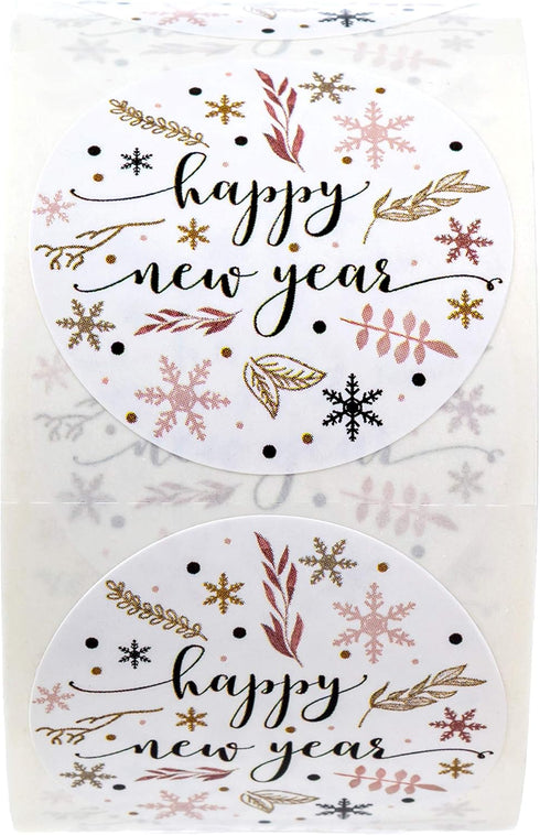 Floral Happy New Year Stickers, 500 New Year's Eve Labels, 1.5" Holiday Card Envelope Seals, Made in The USA