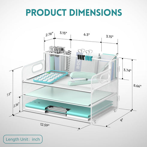 SUPEASY 3 Tier Desk Organizer - White Mesh Paper/File Organizer with Handle & 3 Pen Holders for Office Supplies