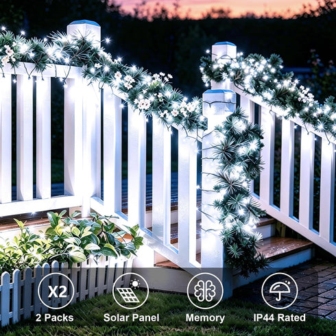 2 Pack 66ft 200 8 QITONG White Solar String Lights Outdoor Waterproof, Each LED Solar Christmas Lights, Modes Green