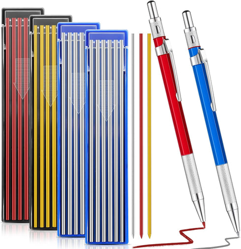 2 Pcs Welders Pencil with 48 PCS Round Refills, Mechanical Pencils for Metal Welding Marker (Red, Silver, Yellow)