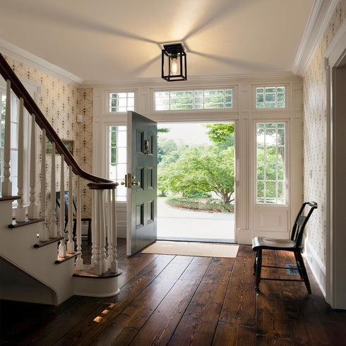 E26 Baocuz Semi Flush Mount Ceiling Light Fixture, Black Metal Frame Porch Ceiling Light Fixture with Clear Glass Shade