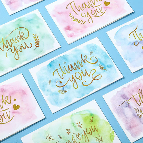 Zonon 24 Pack 2026 6 4 inch(Cute Watercolor Thank You Cards with Envelope Thank You Notes with Round Stickers Gold