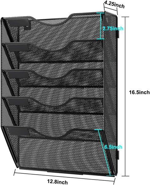 PAG 5 Tier Hanging Wall File Holder, Mesh Office Organizer for Papers/Folders/Files, Black