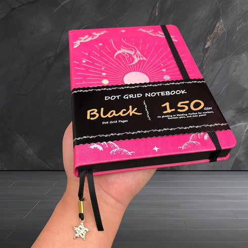 BUKE Dotted Journal - A5 Size PU Leather Hardcover Sketch Notebook, 160 Pages, 150gsm Black Paper, 5*5mm Dot Grid (Rose
