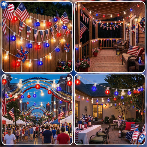 27.8Ft G40 28 Bulbs, 4th 0.6W Red White and Blue Lights String with Shatterproof LED Globe for Memorial Day of July