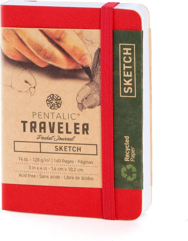 Pentalic 3 x 4 Pocket Sketchbook Traveler Journal, 160 Pages, Red Color